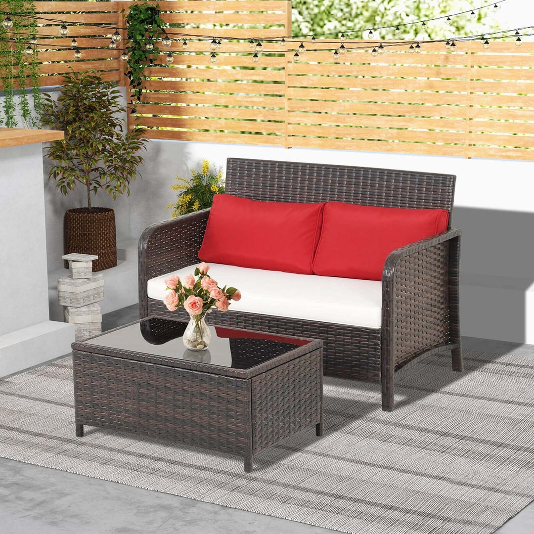 2PCS Patio Rattan Furniture Set Cushioned Loveseat Table Garden Deck Image 1