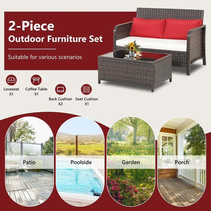 2PCS Patio Rattan Furniture Set Cushioned Loveseat Table Garden Deck Image 9