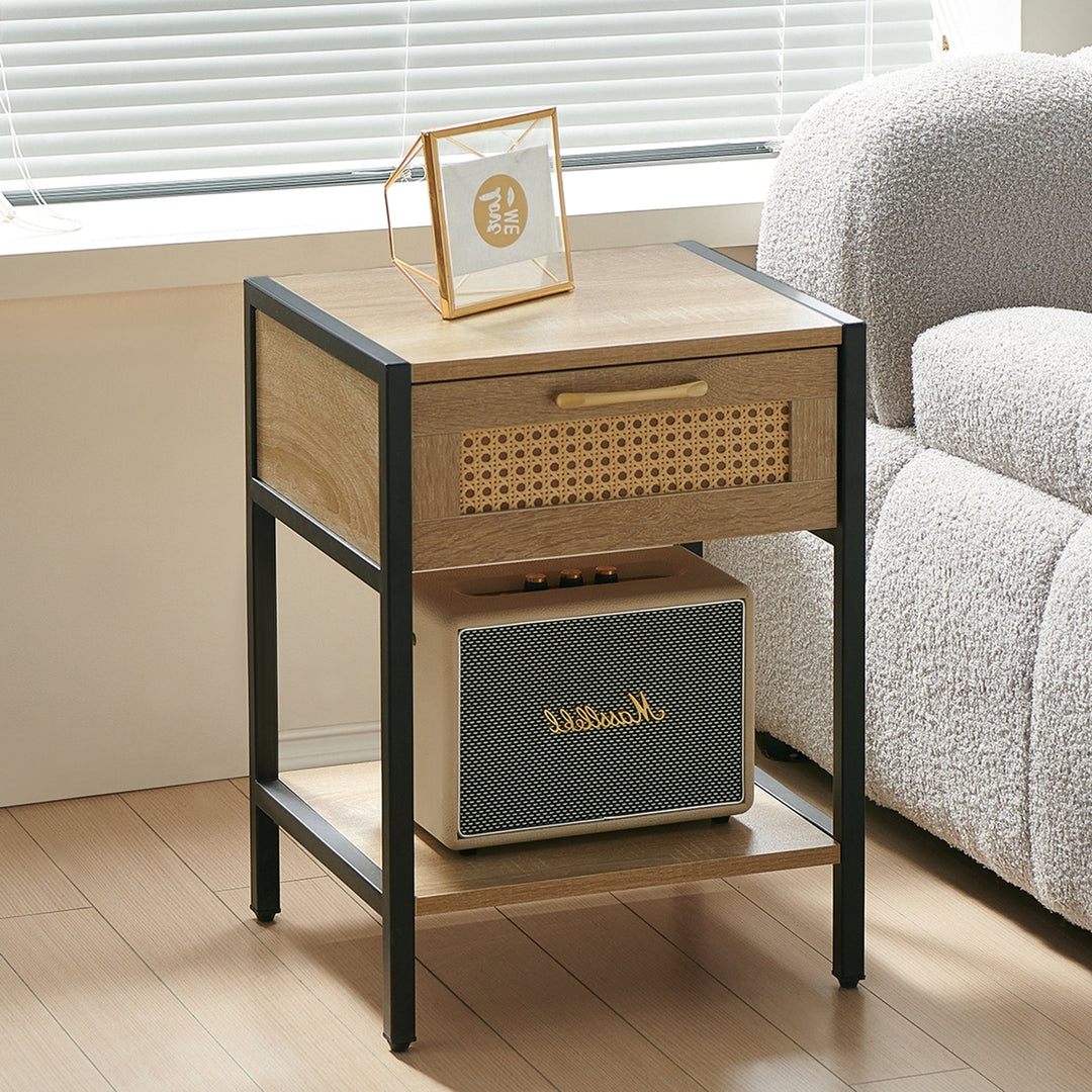 15.74 Inch Rattan End Table with Drawer Modern Nightstand Metal Legs Side Table for Living Room Bedroom Natural Finish Image 1