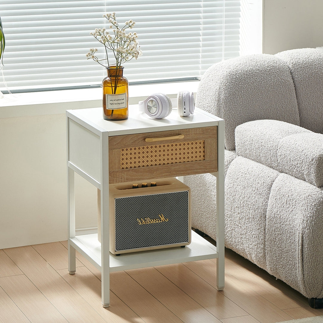 15.74 Inch Rattan End Table with Drawer Modern Nightstand Metal Legs Side Table for Living Room Bedroom White Image 1