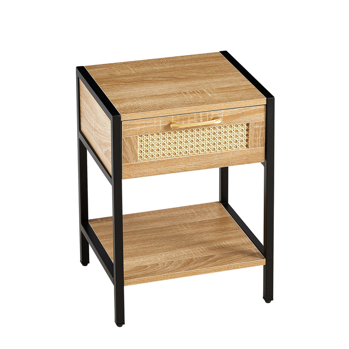 15.74 Inch Rattan End Table with Drawer Modern Nightstand Metal Legs Side Table for Living Room Bedroom Natural Finish Image 7