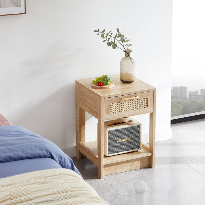 15.75 Inch Rattan End Table with Drawer Modern Nightstand Side Table for Living Room Bedroom Natural Design Image 1