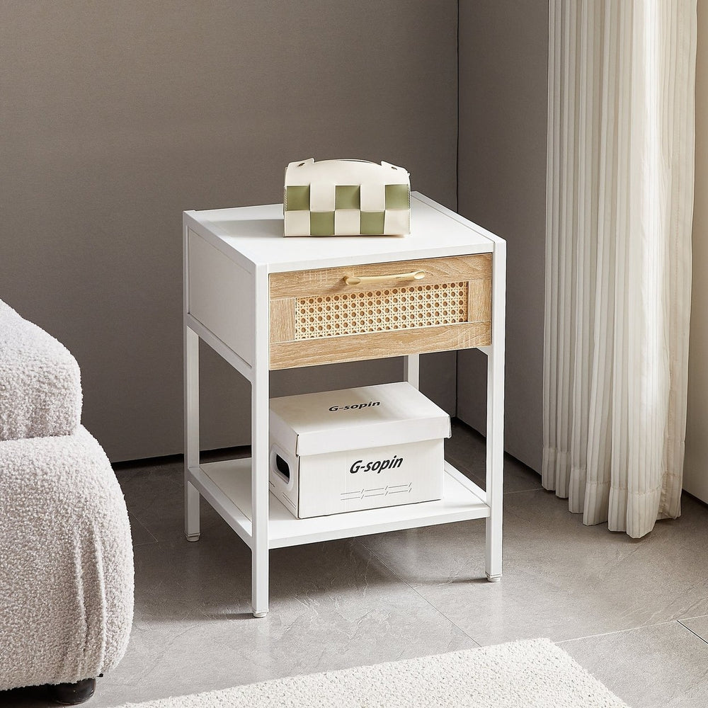 15.74 Inch Rattan End Table with Drawer Modern Nightstand Metal Legs Side Table for Living Room Bedroom White Image 2