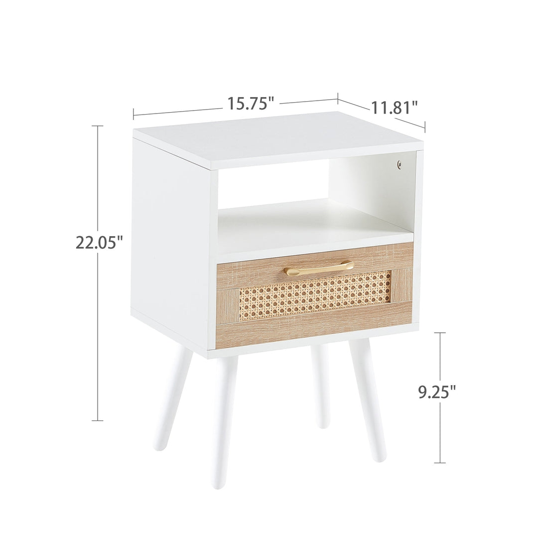 15.75 Inch Rattan End Table with Drawer Solid Wood Legs Modern Nightstand Side Table for Living Room Bedroom White Image 3