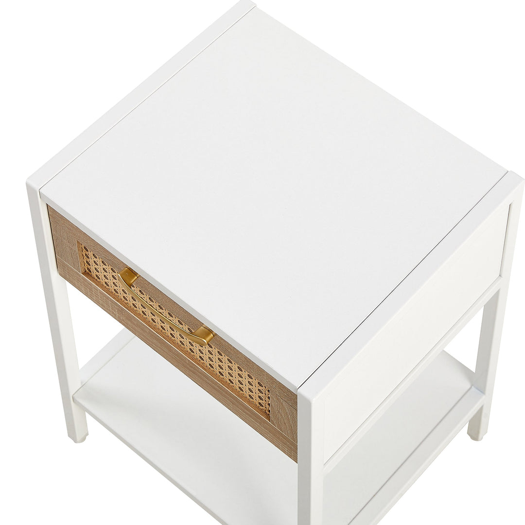 15.74 Inch Rattan End Table with Drawer Modern Nightstand Metal Legs Side Table for Living Room Bedroom White Image 9