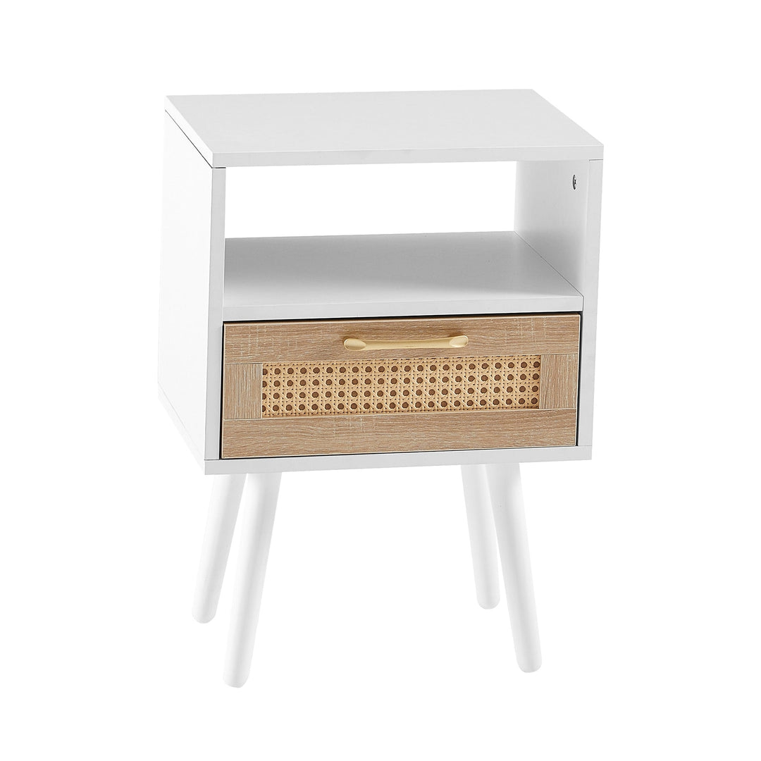 15.75 Inch Rattan End Table with Drawer Solid Wood Legs Modern Nightstand Side Table for Living Room Bedroom White Image 8