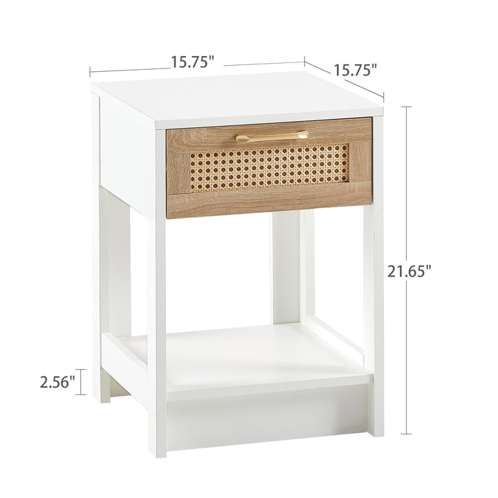 15.75 Inch Rattan End Table with Drawer Modern Nightstand Side Table for Living Room Bedroom White Image 3