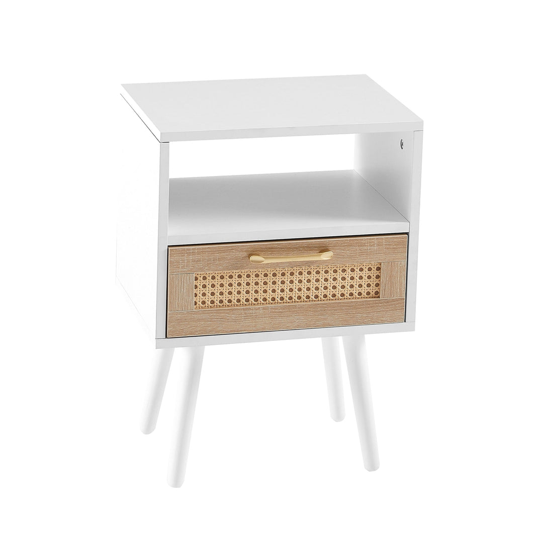 15.75 Inch Rattan End Table with Drawer Solid Wood Legs Modern Nightstand Side Table for Living Room Bedroom White Image 9