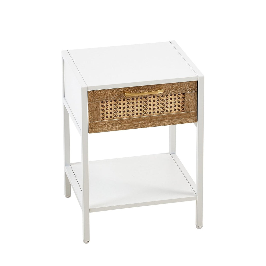 15.74 Inch Rattan End Table with Drawer Modern Nightstand Metal Legs Side Table for Living Room Bedroom White Image 12