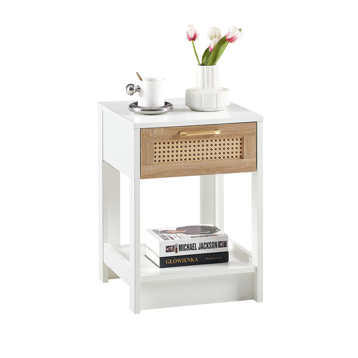 15.75 Inch Rattan End Table with Drawer Modern Nightstand Side Table for Living Room Bedroom White Image 5