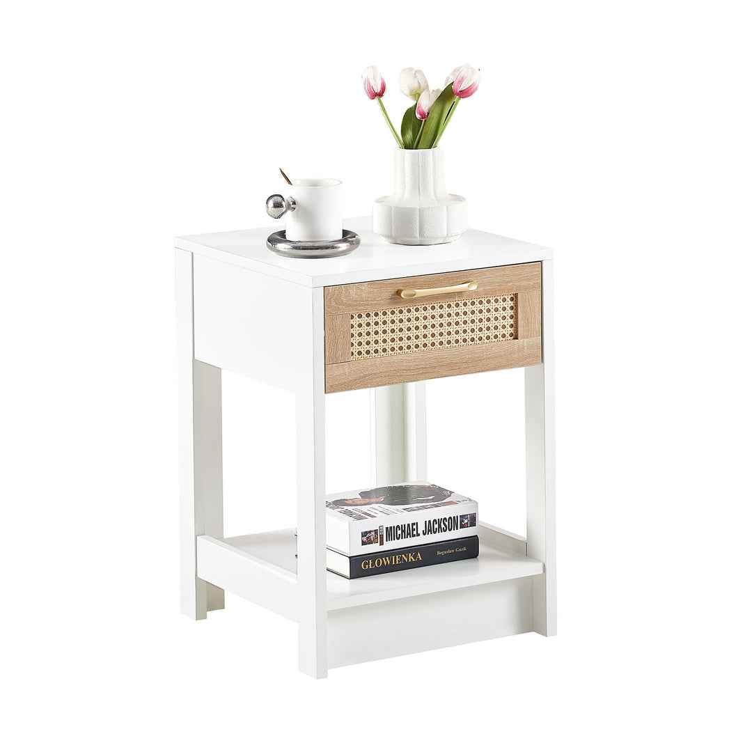 15.75 Inch Rattan End Table with Drawer Modern Nightstand Side Table for Living Room Bedroom White Image 6