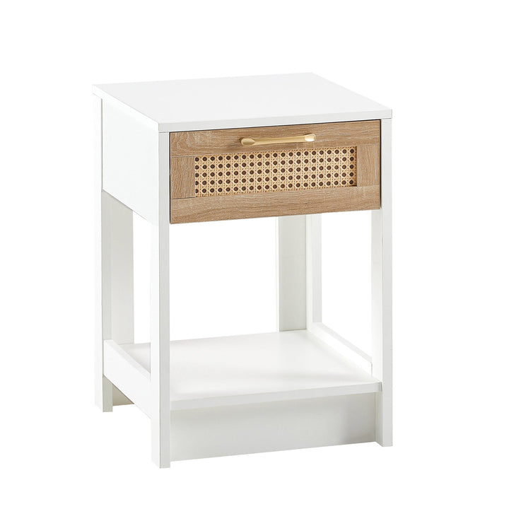 15.75 Inch Rattan End Table with Drawer Modern Nightstand Side Table for Living Room Bedroom White Image 7