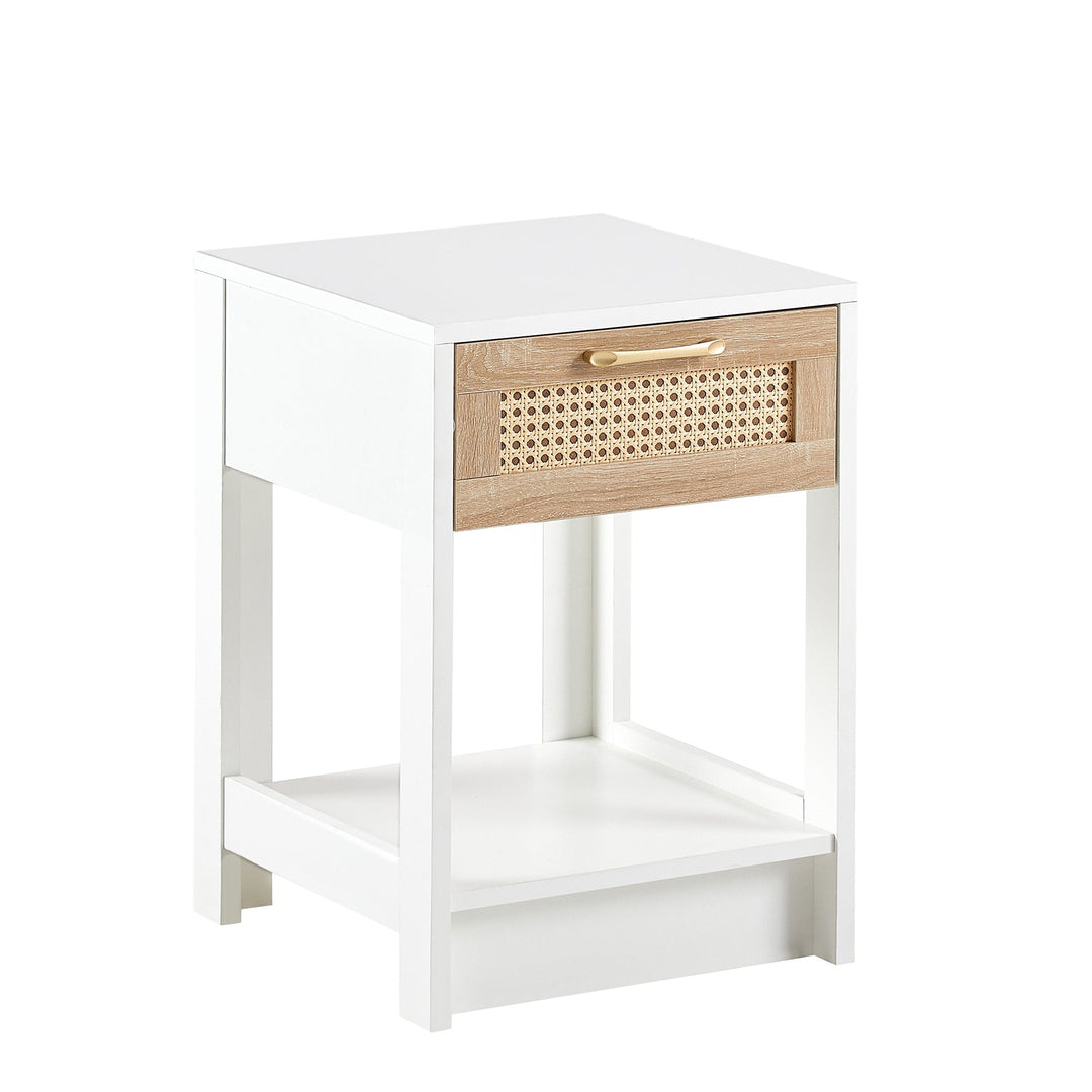 15.75 Inch Rattan End Table with Drawer Modern Nightstand Side Table for Living Room Bedroom White Image 8