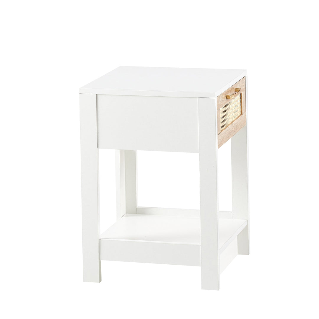 15.75 Inch Rattan End Table with Drawer Modern Nightstand Side Table for Living Room Bedroom White Image 9