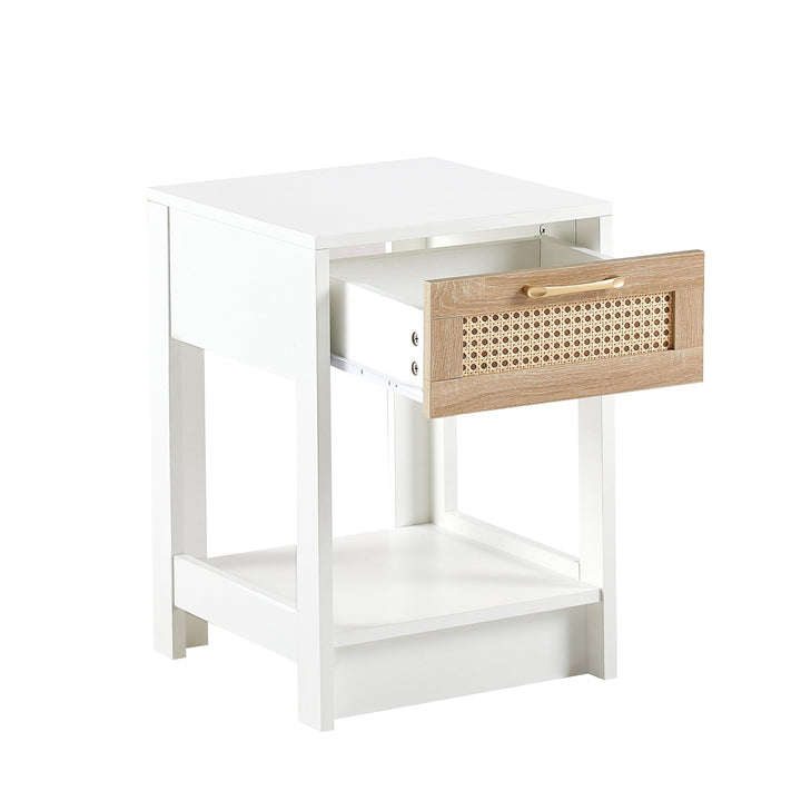 15.75 Inch Rattan End Table with Drawer Modern Nightstand Side Table for Living Room Bedroom White Image 11