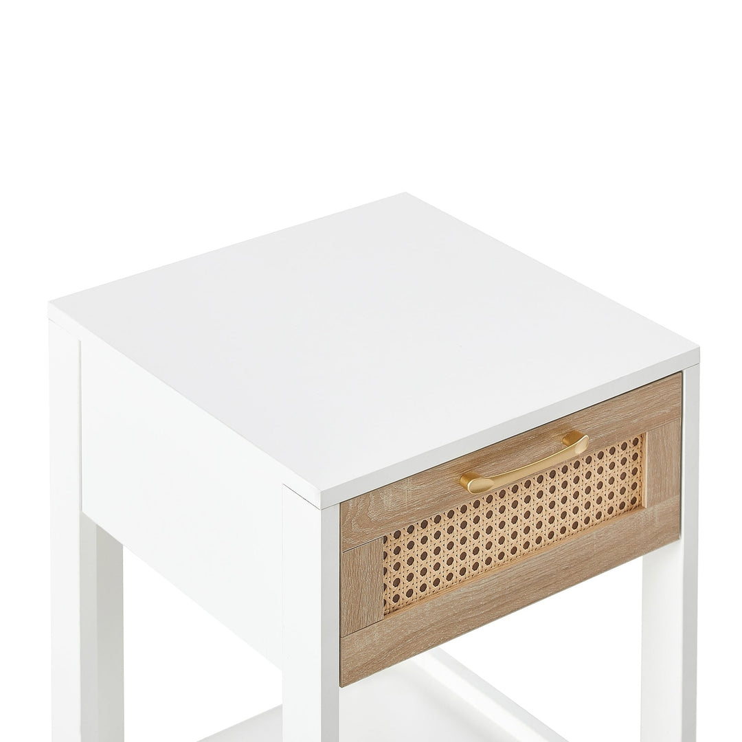 15.75 Inch Rattan End Table with Drawer Modern Nightstand Side Table for Living Room Bedroom White Image 12