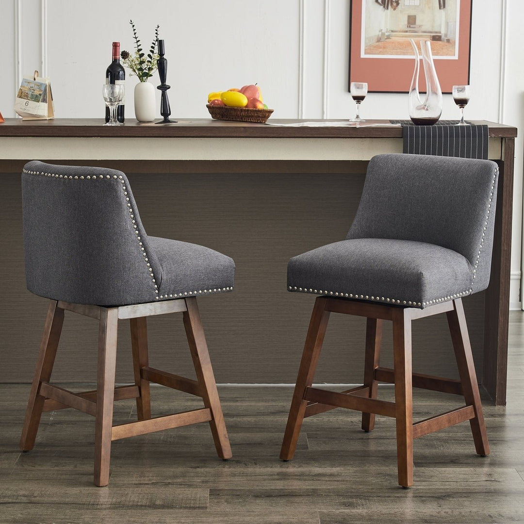 26 Inch Upholstered Swivel Bar Stools Set of 2 Modern Linen Fabric High Back Counter Stools with Nail Head Design and Image 1