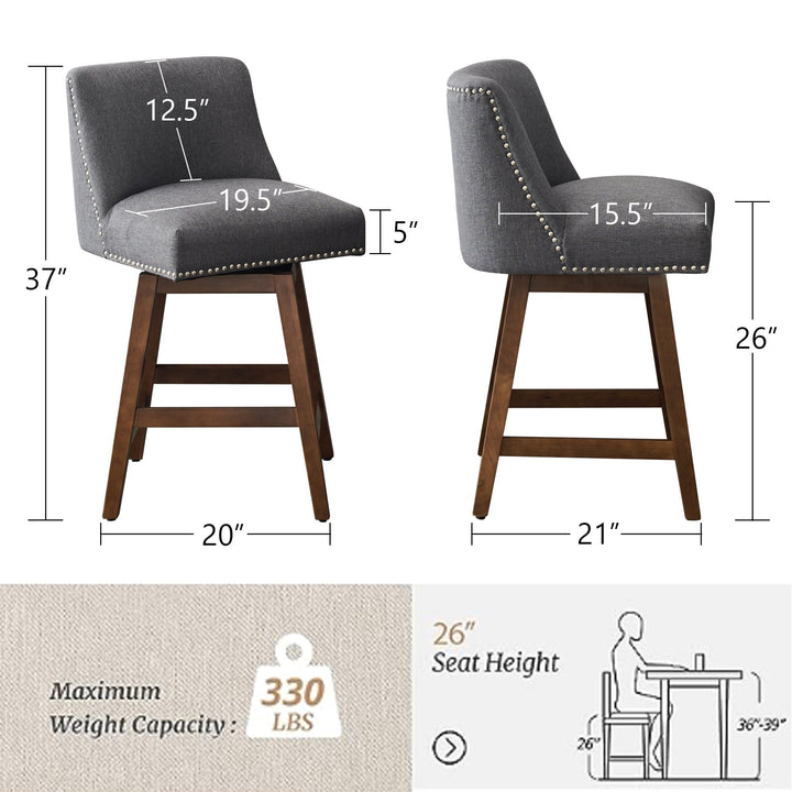 26 Inch Upholstered Swivel Bar Stools Set of 2 Modern Linen Fabric High Back Counter Stools with Nail Head Design and Image 5