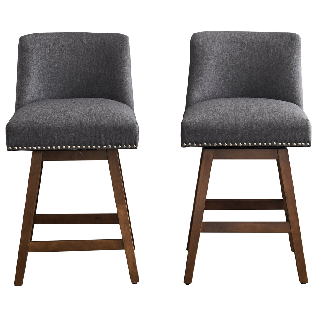 26 Inch Upholstered Swivel Bar Stools Set of 2 Modern Linen Fabric High Back Counter Stools with Nail Head Design and Image 6