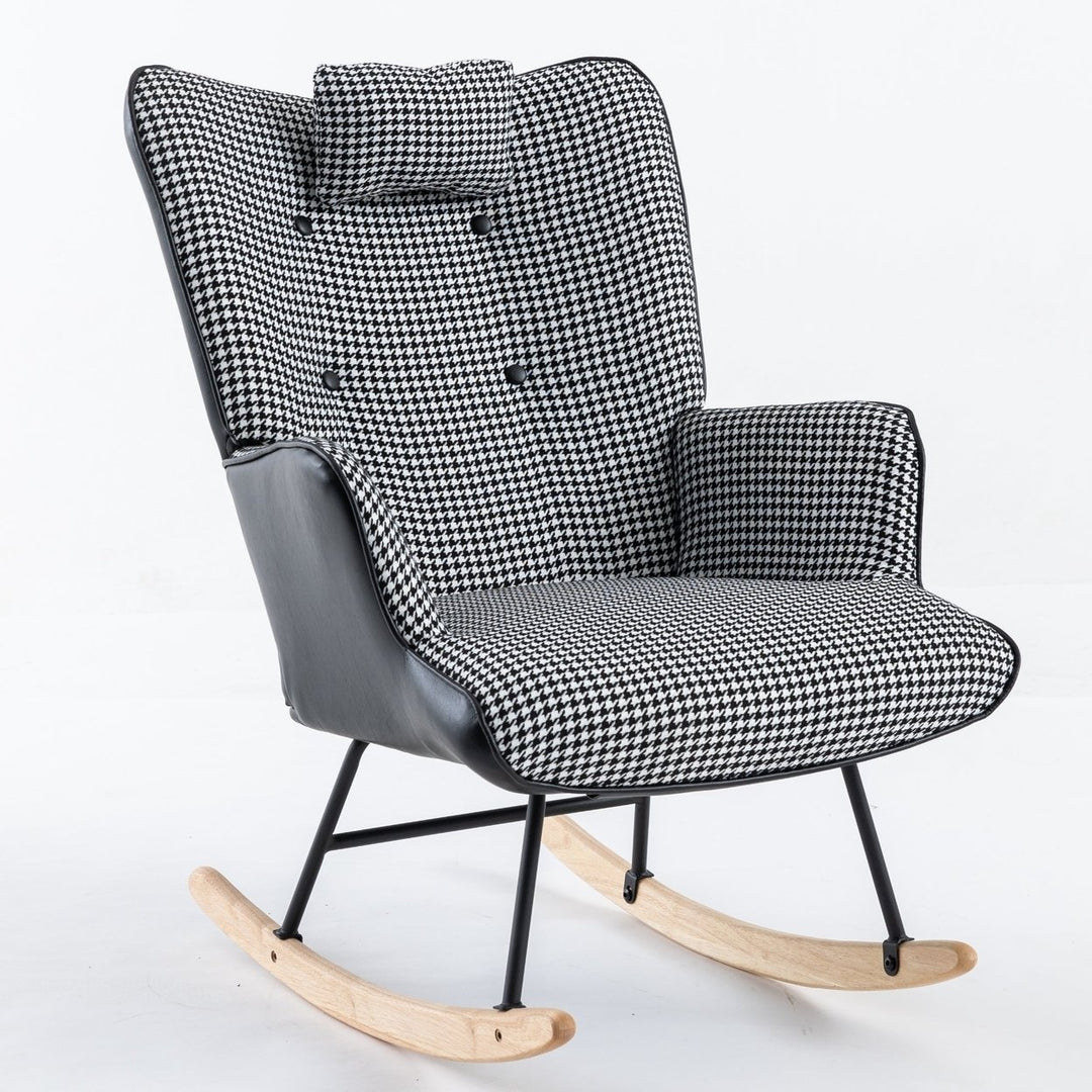 35.5 Inch Soft Houndstooth Fabric Rocking Chair Comfy Wingback Glider for Nursery Living Room Bedroom Balcony Black Image 1