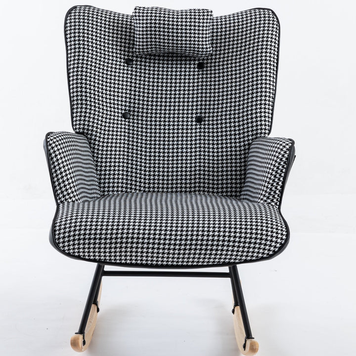 35.5 Inch Soft Houndstooth Fabric Rocking Chair Comfy Wingback Glider for Nursery Living Room Bedroom Balcony Black Image 3