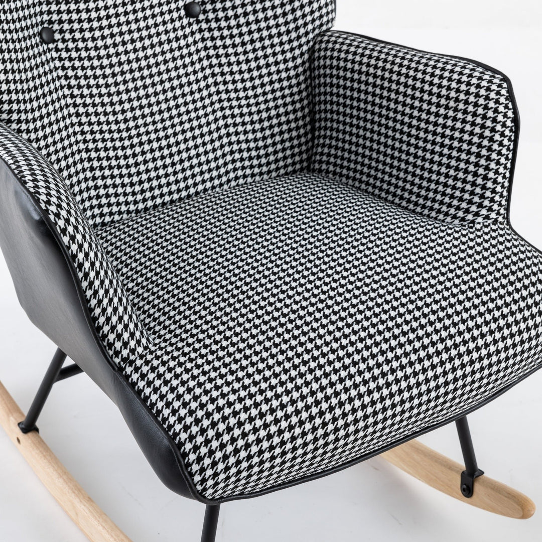 35.5 Inch Soft Houndstooth Fabric Rocking Chair Comfy Wingback Glider for Nursery Living Room Bedroom Balcony Black Image 6