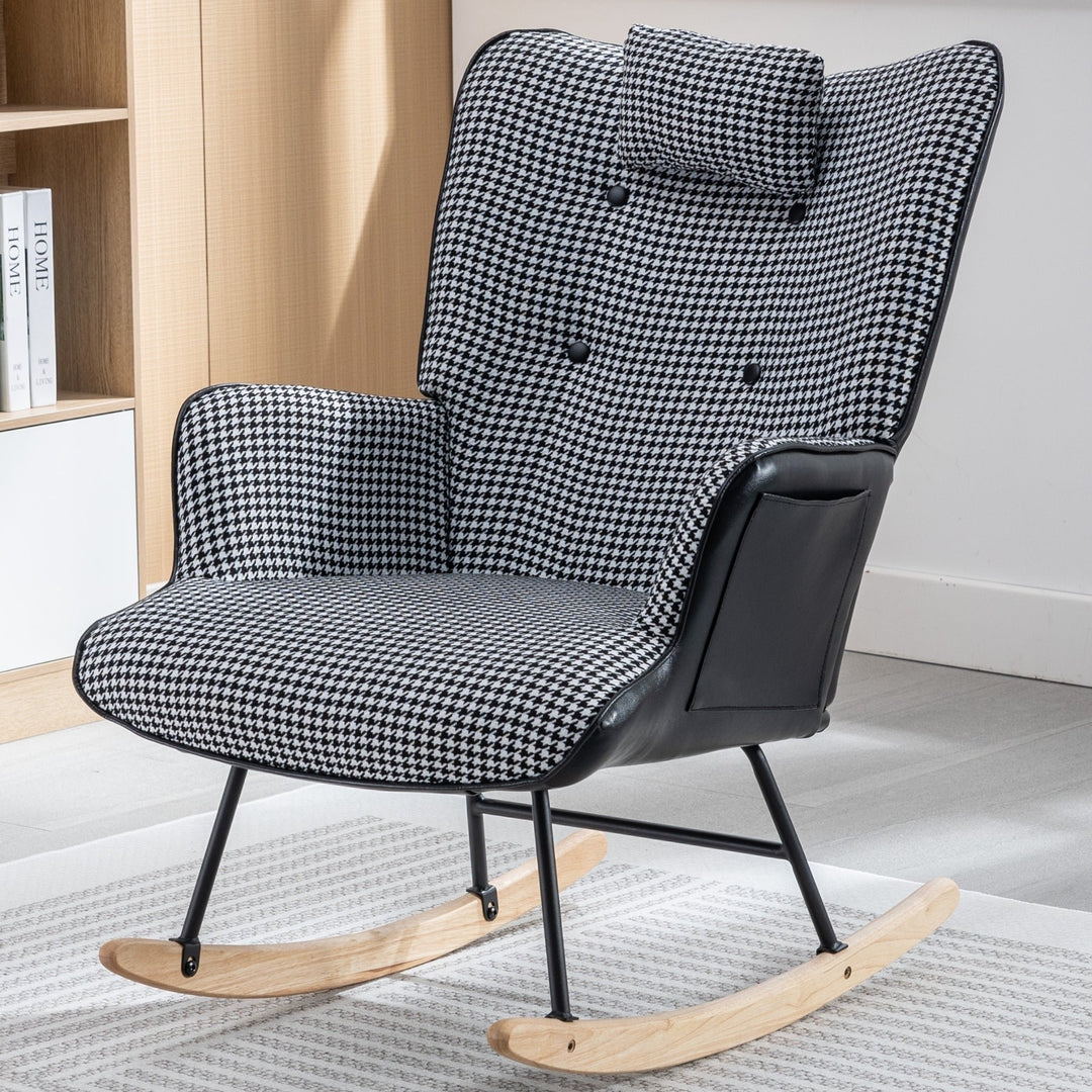 35.5 Inch Soft Houndstooth Fabric Rocking Chair Comfy Wingback Glider for Nursery Living Room Bedroom Balcony Black Image 11