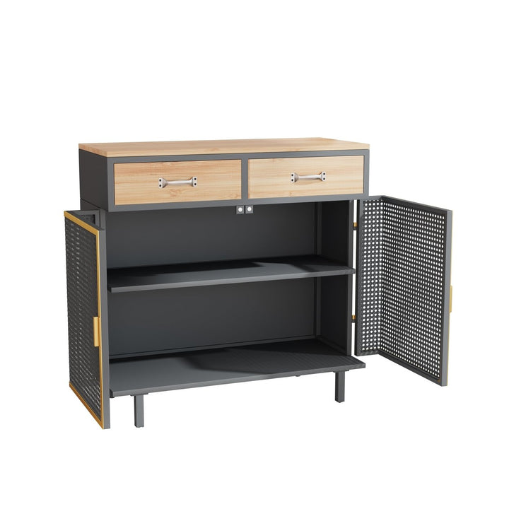 31.5 Inch Wide 2 Drawer Sideboard Modern Iron and Carbonized Bamboo Furniture Easy Assembly Image 9