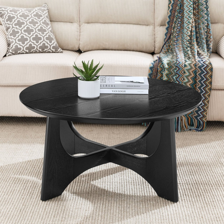 36 Inch Round Wooden Coffee Table for Living Room Reception Room Black Finish Image 1