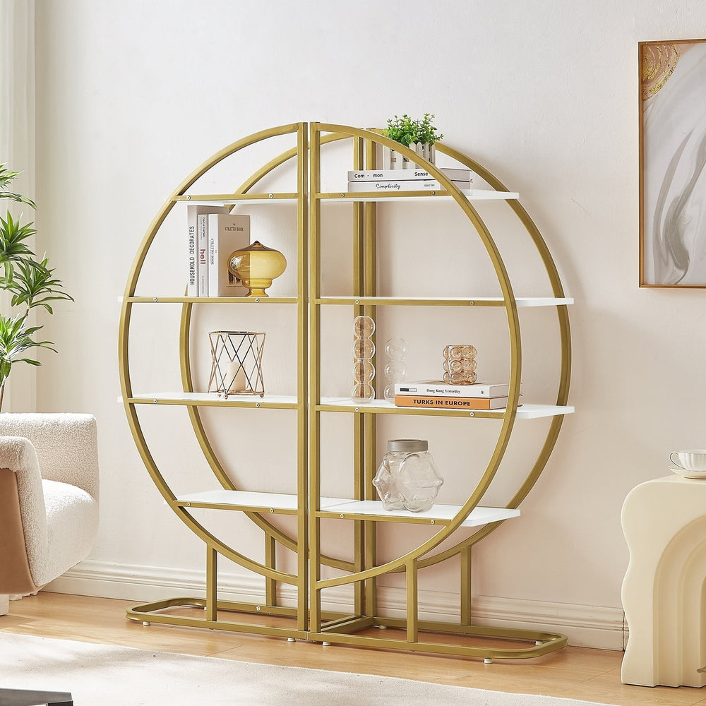 4 Tier Round Open Bookshelf Home Office Storage MDF Board Gold Metal Frame White Modern Design Image 2