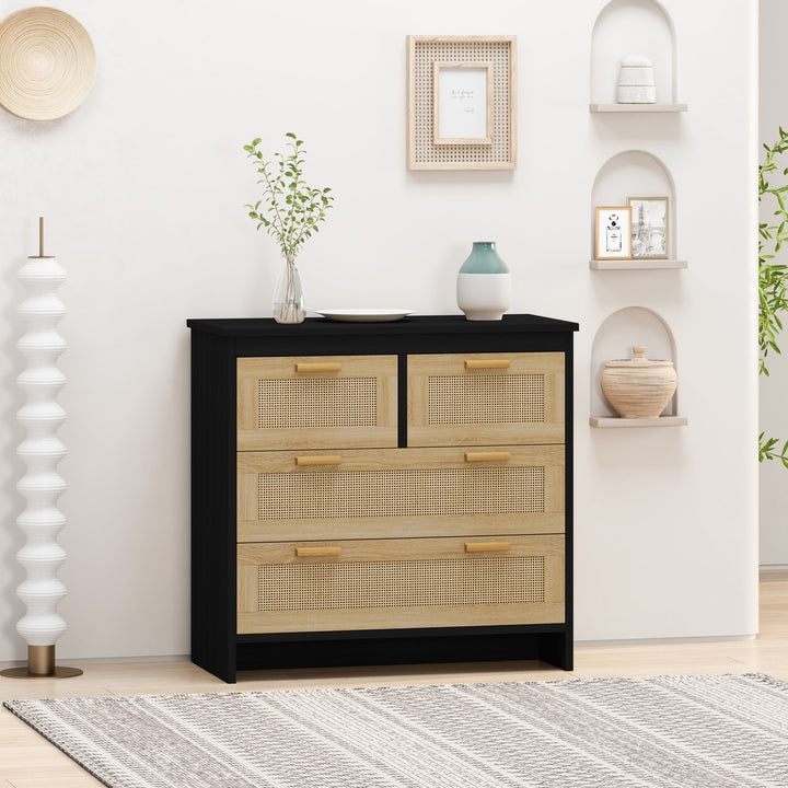 4 Drawer Rattan Storage Cabinet for Bedroom Living Room Dining Room Hallways Easy Assembly Black Image 2