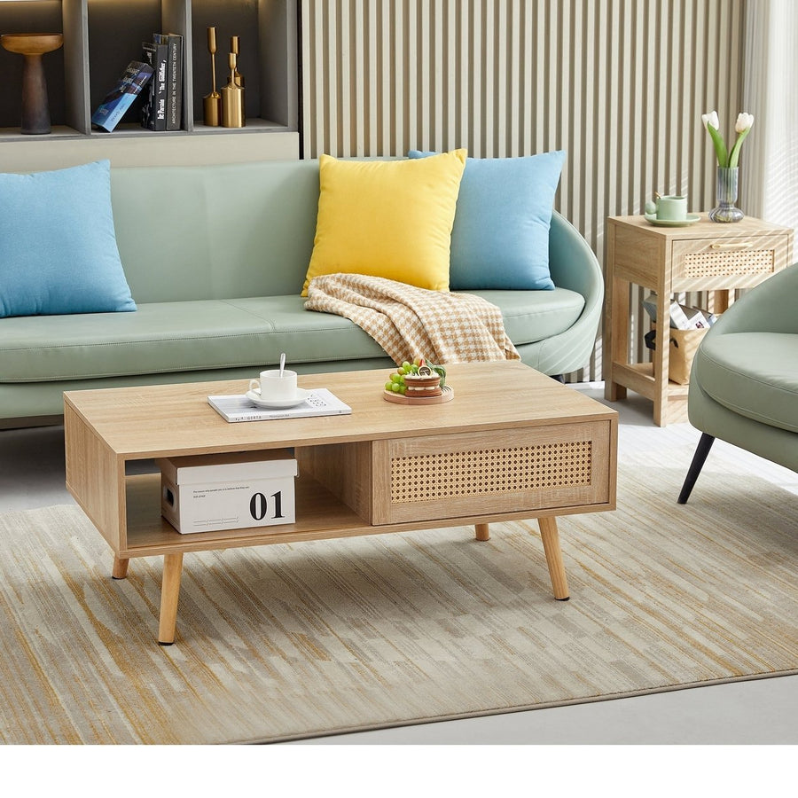 41.34 Inch Rattan Coffee Table with Sliding Door Storage Solid Wood Legs Modern Living Room Furniture Natural Design Image 1