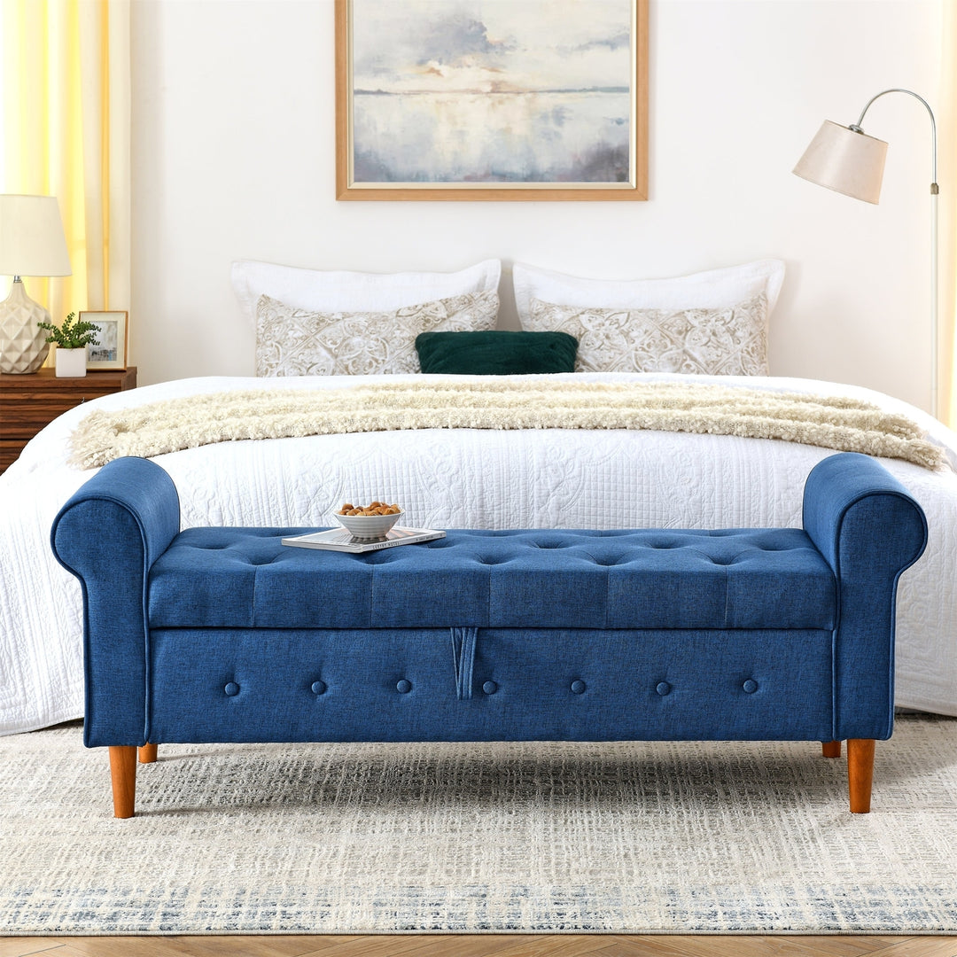 62 Inch Tufted Button Storage Bench Modern Fabric Ottoman Rolled Arm Design for Bedroom Living Room Foyer Blue Image 1