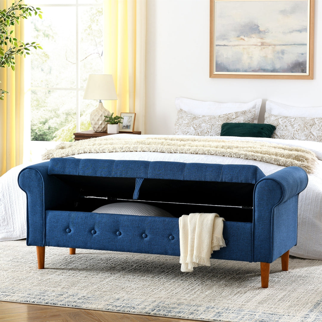 62 Inch Tufted Button Storage Bench Modern Fabric Ottoman Rolled Arm Design for Bedroom Living Room Foyer Blue Image 2