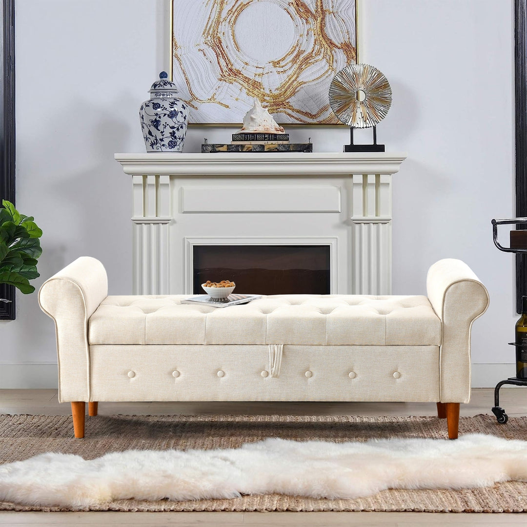 62 Inch Tufted Button Storage Bench Modern Fabric Ottoman Rolled Arm Design for Bedroom Living Room Foyer Beige Image 4