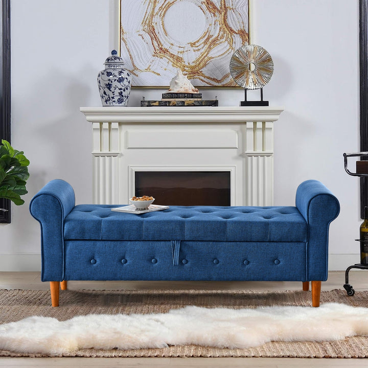 62 Inch Tufted Button Storage Bench Modern Fabric Ottoman Rolled Arm Design for Bedroom Living Room Foyer Blue Image 3