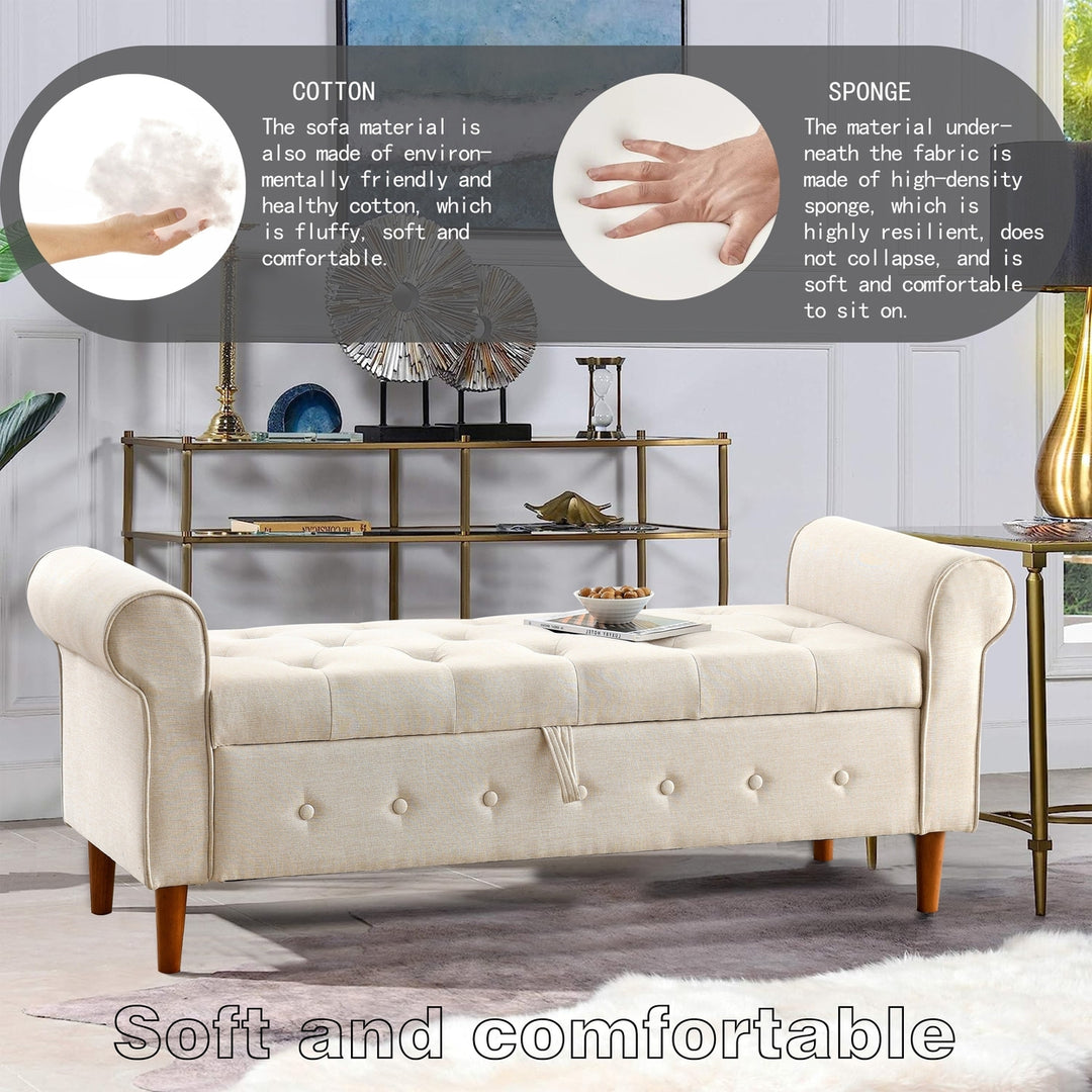 62 Inch Tufted Button Storage Bench Modern Fabric Ottoman Rolled Arm Design for Bedroom Living Room Foyer Beige Image 7