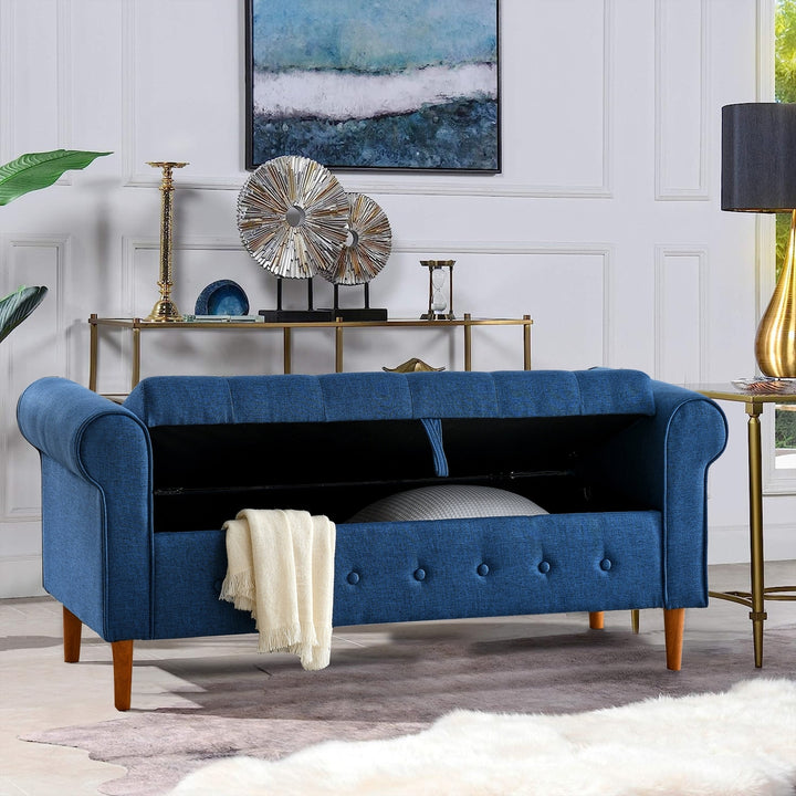 62 Inch Tufted Button Storage Bench Modern Fabric Ottoman Rolled Arm Design for Bedroom Living Room Foyer Blue Image 5