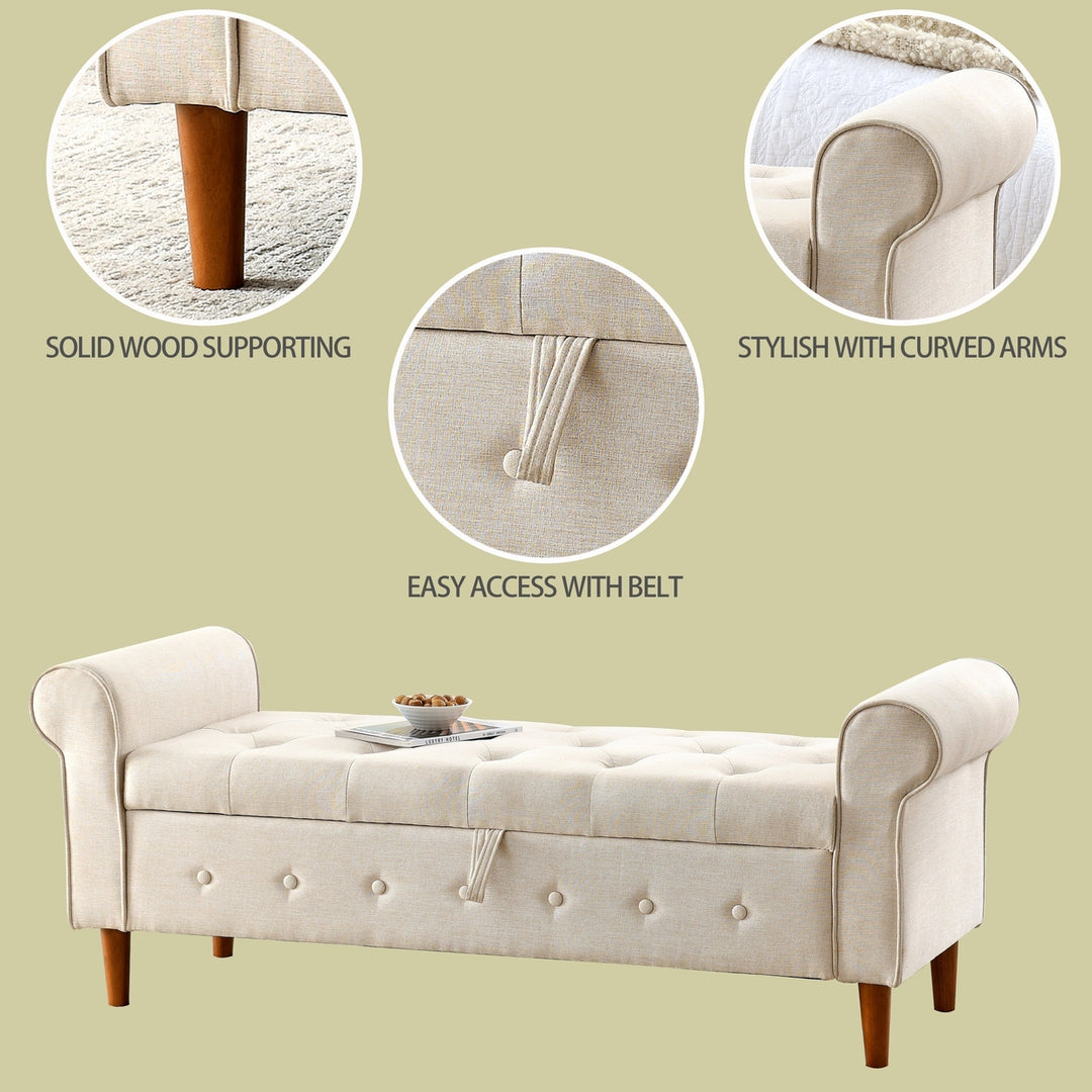 62 Inch Tufted Button Storage Bench Modern Fabric Ottoman Rolled Arm Design for Bedroom Living Room Foyer Beige Image 9