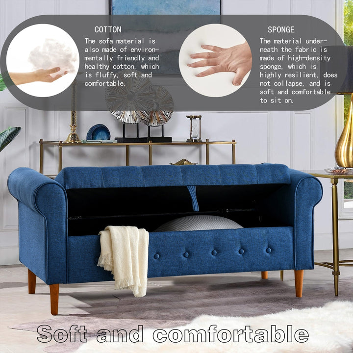 62 Inch Tufted Button Storage Bench Modern Fabric Ottoman Rolled Arm Design for Bedroom Living Room Foyer Blue Image 8