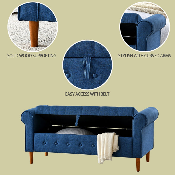 62 Inch Tufted Button Storage Bench Modern Fabric Ottoman Rolled Arm Design for Bedroom Living Room Foyer Blue Image 9