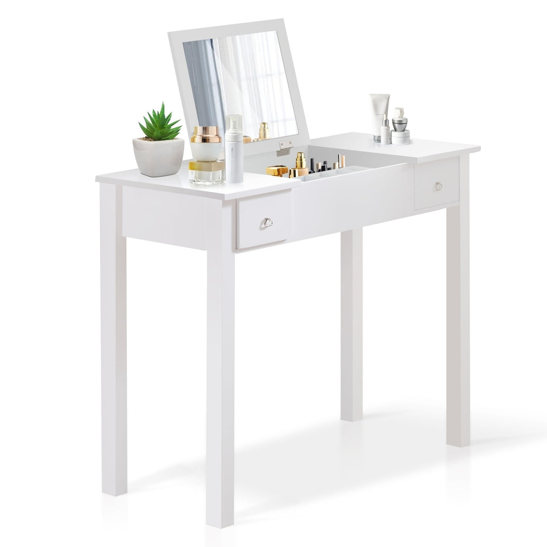 Accent White Vanity Table with Flip-Top Mirror and 2 Drawers for Jewelry Storage and Makeup Organization Image 1