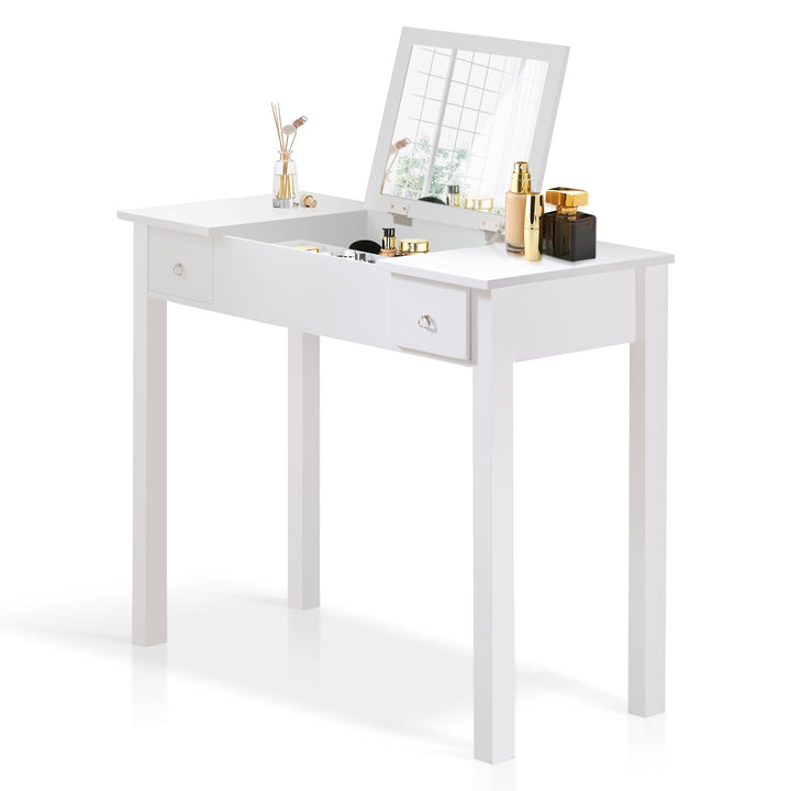 Accent White Vanity Table with Flip-Top Mirror and 2 Drawers for Jewelry Storage and Makeup Organization Image 3