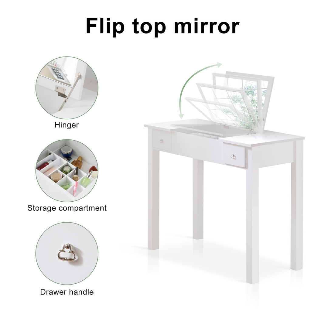 Accent White Vanity Table with Flip-Top Mirror and 2 Drawers for Jewelry Storage and Makeup Organization Image 4