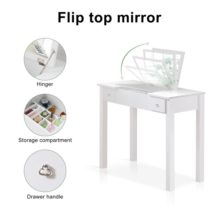 Accent White Vanity Table with Flip-Top Mirror and 2 Drawers for Jewelry Storage and Makeup Organization Image 4