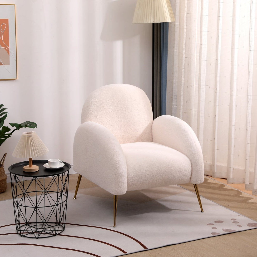 Accent Upholstered White Sherpa Armchair with Golden Legs for Living Room Bedroom Office Image 2