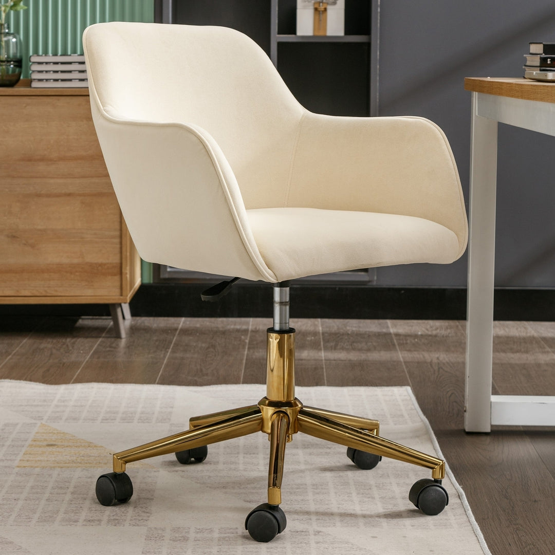 Adjustable Height 360 Revolving Velvet Office Chair with Gold Metal Legs and Universal Wheels Beige Image 1