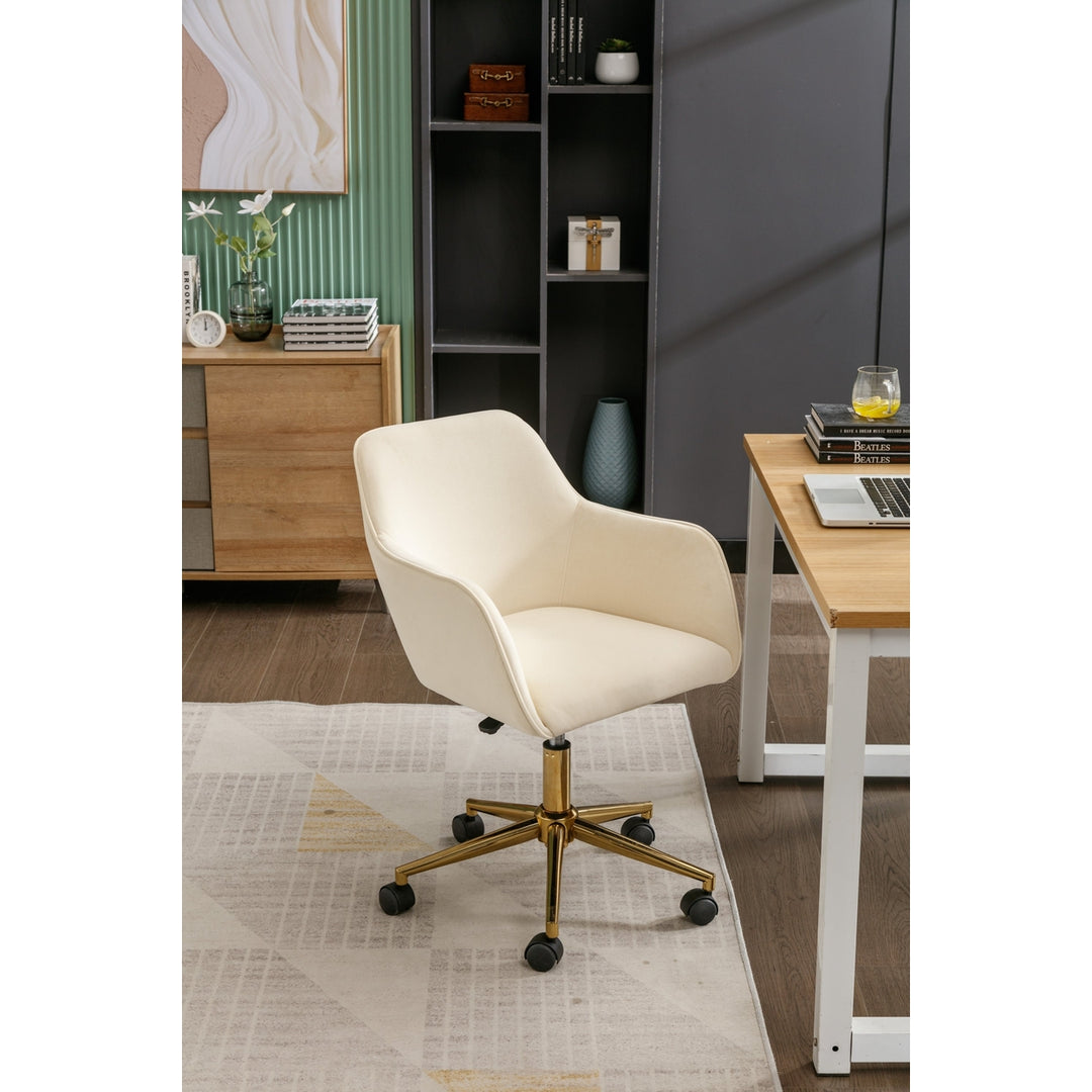 Adjustable Height 360 Revolving Velvet Office Chair with Gold Metal Legs and Universal Wheels Beige Image 2