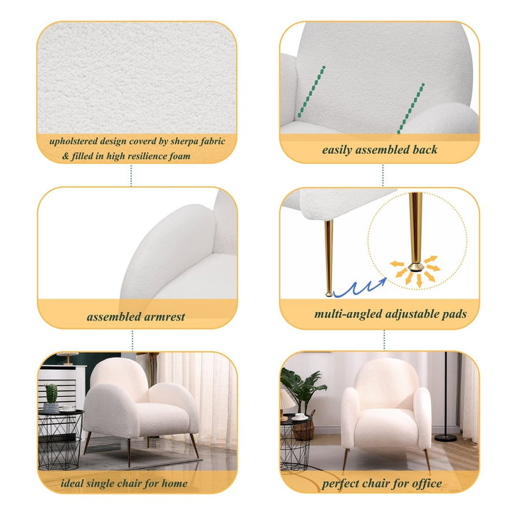 Accent Upholstered White Sherpa Armchair with Golden Legs for Living Room Bedroom Office Image 5