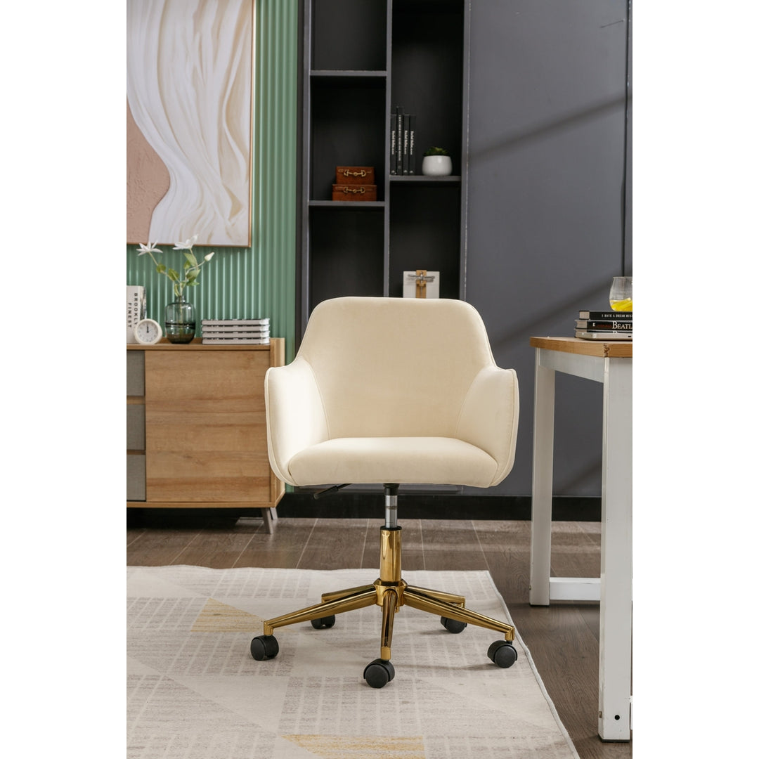 Adjustable Height 360 Revolving Velvet Office Chair with Gold Metal Legs and Universal Wheels Beige Image 3